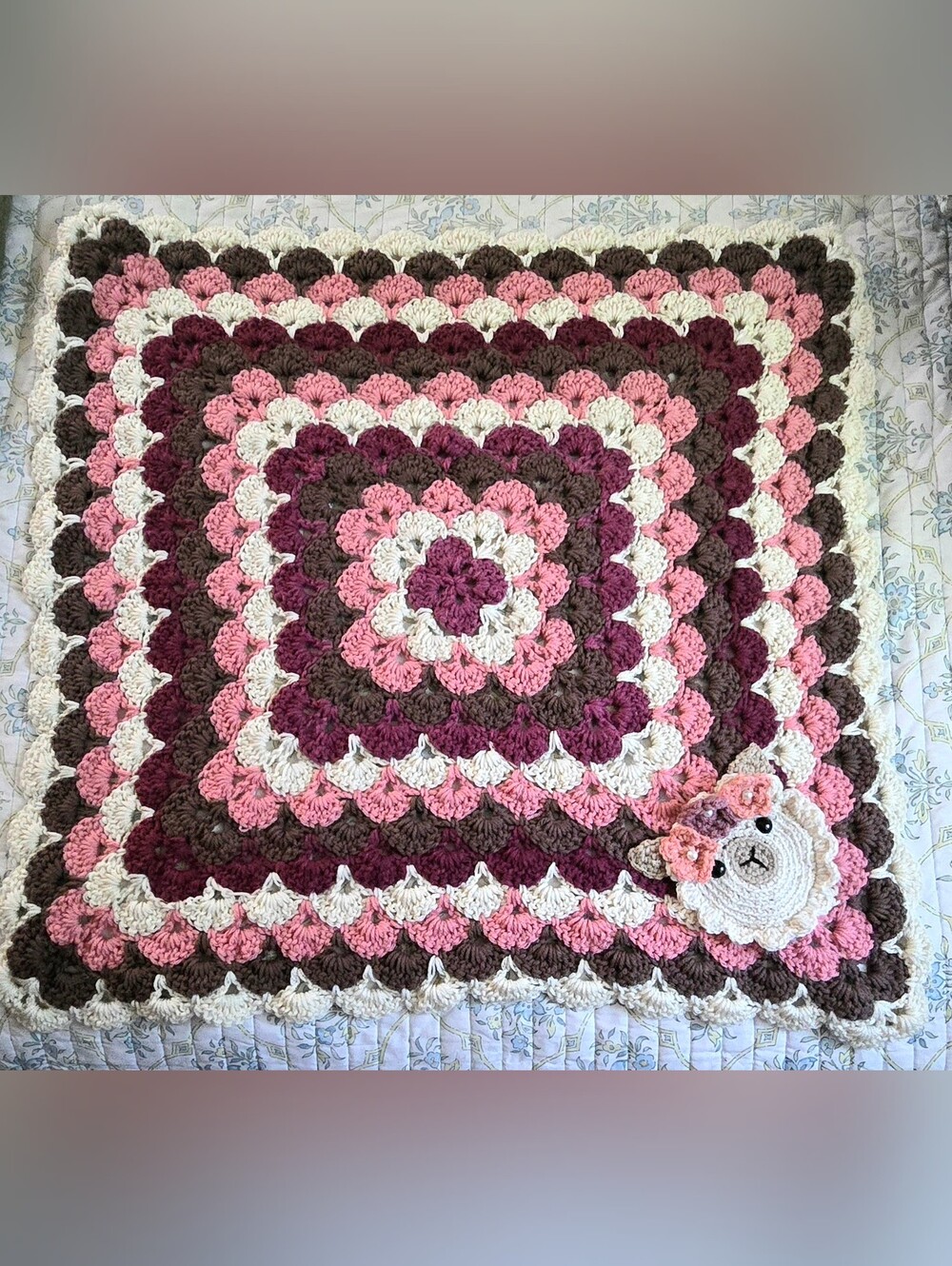 Handmade Crochet Llama Baby Blanket 27x27 Square Ombre Pink Brown Floral